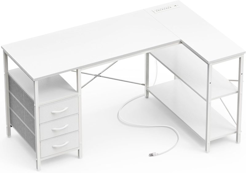 Shaped Desk with Power Outlets, Computer Desk with 3 Drawers, 47 Inch Office Desk with Shelves, Gaming Desk, Corner Desk Work Desk for Home Office, Study, White