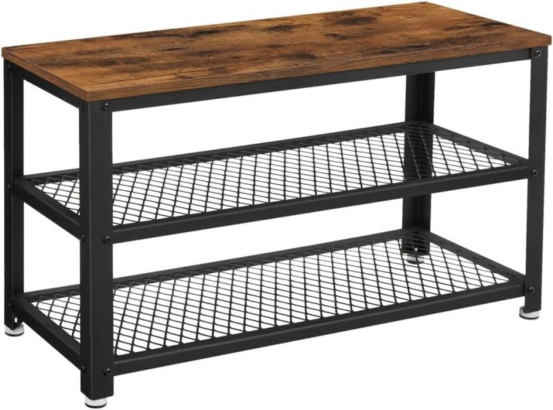 3-Tier Shoe Rack, Shelf Storage Bench with Metal Mesh Shelves and Seat, Free Standing Shoe Organizer for Entryway, 11.8 x 28.7 x 17.7 Inches, Rustic Brown and Black