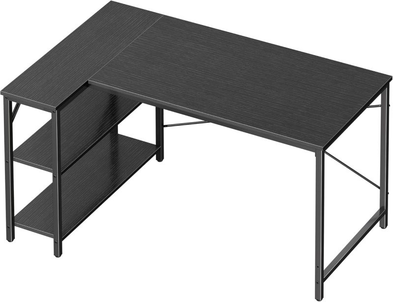 Shaped Desk, 47 Inches Computer Desk with Reversible Storage Shelves, Gaming Desk, Corner Desk Home Office Desks, Writing Desk Study Desk with Metal Frame, Black