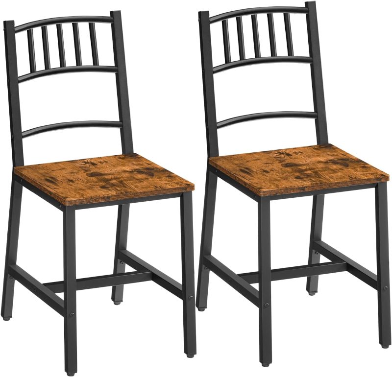 Kitchen Chairs Set of 2, Wooden Dining Room Chairs with Metal Frame, Dining Chairs with Back, Easy to Assemble, Farmhouse Dining Chairs for Kitchen, Living Room, Rustic Brown and Black
