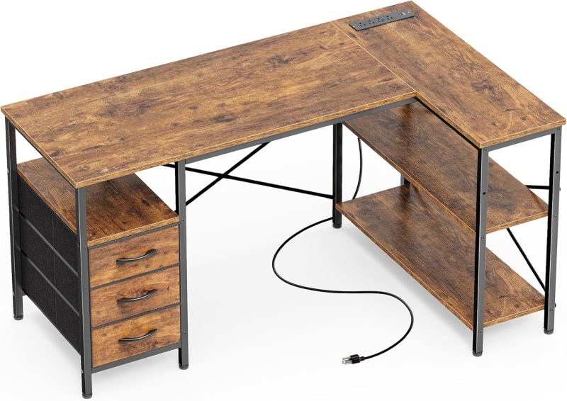 Shaped Desk with Power Outlets, Computer Desk with 3 Drawers, 47 Inch Office Desk with Shelves, Gaming Desk, Corner Desk Work Desk for Home Office, Study, Rustic Brown